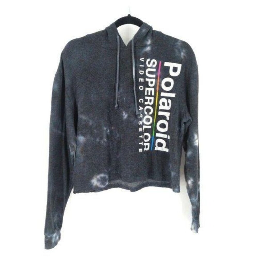Polaroid Cropped Hoodie Sweatshirt Womens M Acid Washed Gray Grunge Streetwear